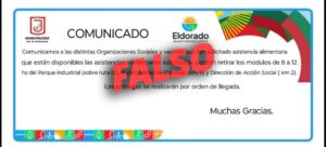 El municipio advierte por información falsa sobre entrega de ayuda alimentaria en Eldorado