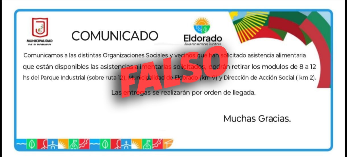 El municipio advierte por información falsa sobre entrega de ayuda alimentaria en Eldorado