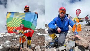bandera de Eldorado flamea en la cumbre del Aconcagua