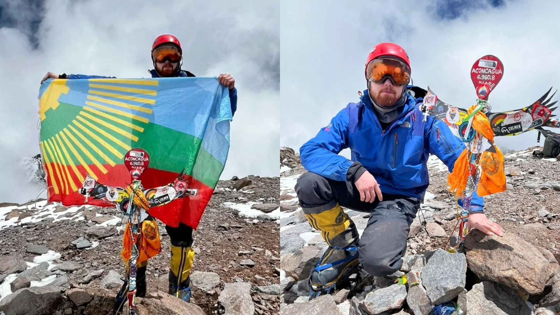 bandera de Eldorado flamea en la cumbre del Aconcagua