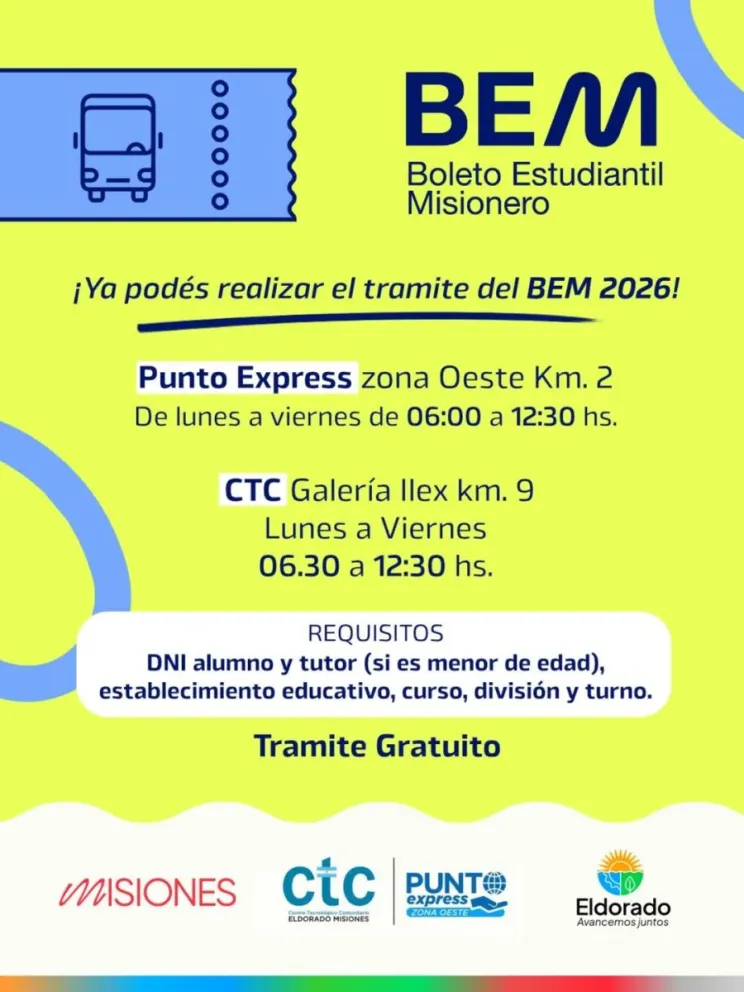 Boleto Estudiantil Misionero 2026 en Eldorado