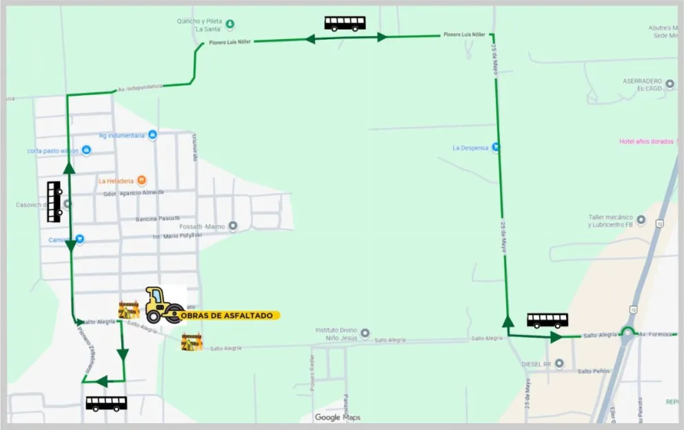Modifican temporalmente el recorrido del colectivo por obras de asfaltado en calle Salto Alegría de Eldorado
