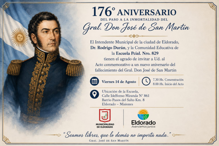 Eldorado conmemorará el 176° aniversario del paso a la inmortalidad del General San Martín en la Escuela 829