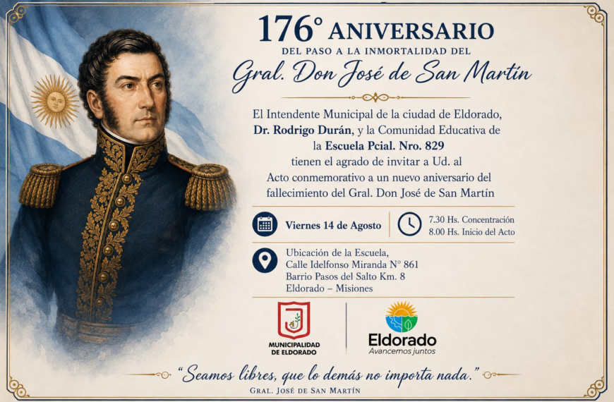 Eldorado conmemorará el 176° aniversario del paso a la inmortalidad del General San Martín en la Escuela 829