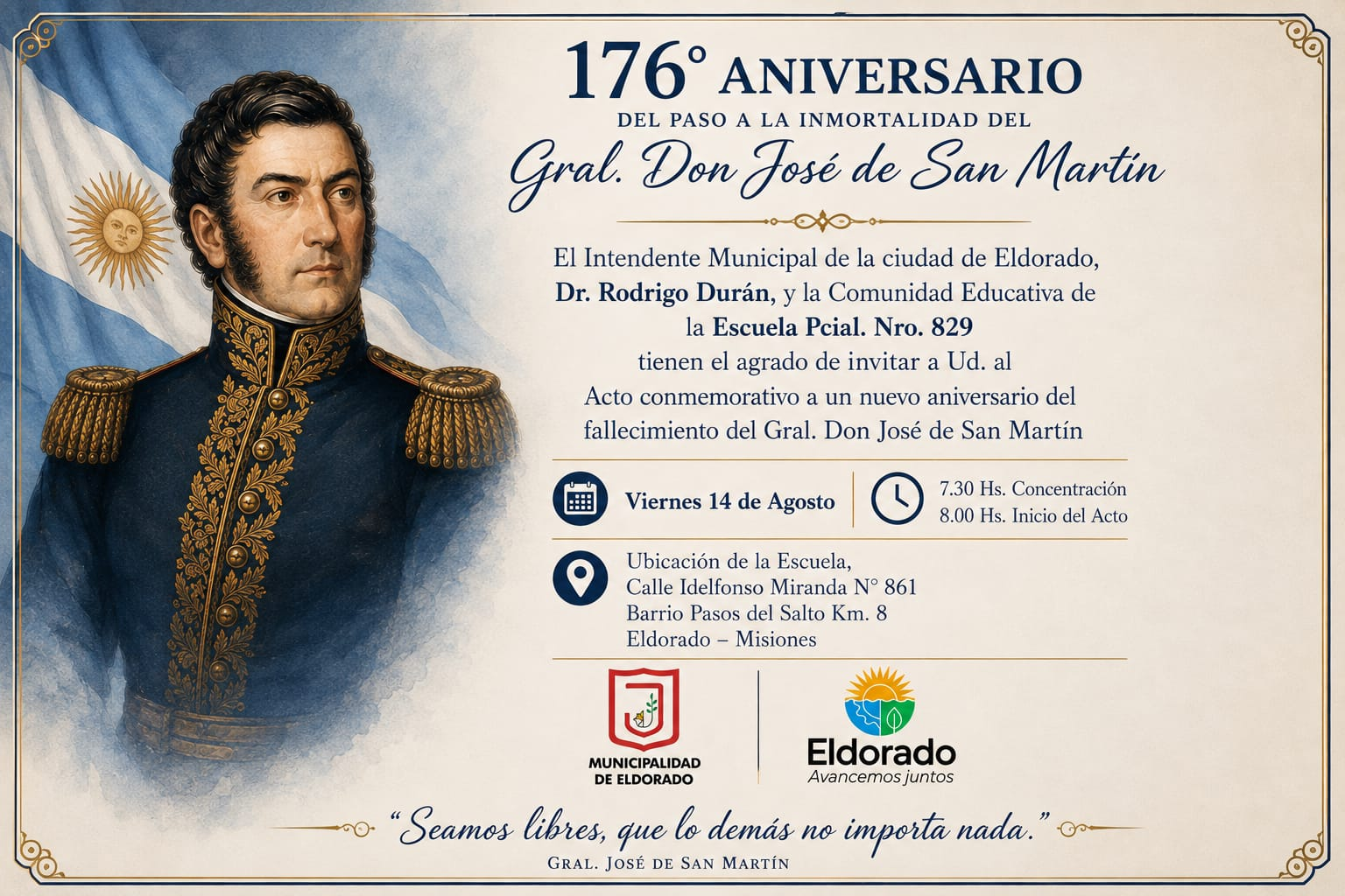 Eldorado conmemorará el 176° aniversario del paso a la inmortalidad del General San Martín en la Escuela 829
